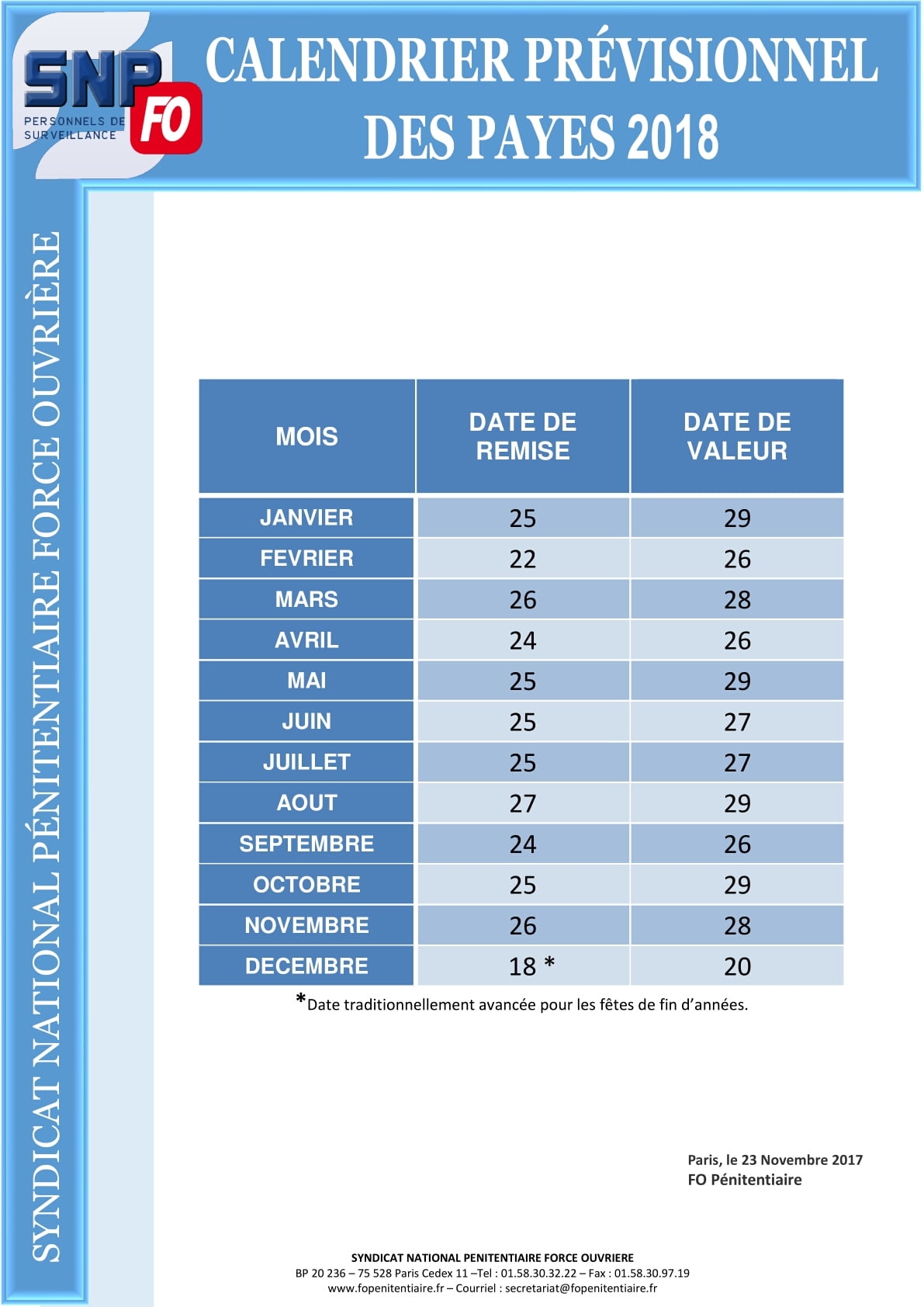 Calendrier des payes 2018 – FO Justice – Lyon