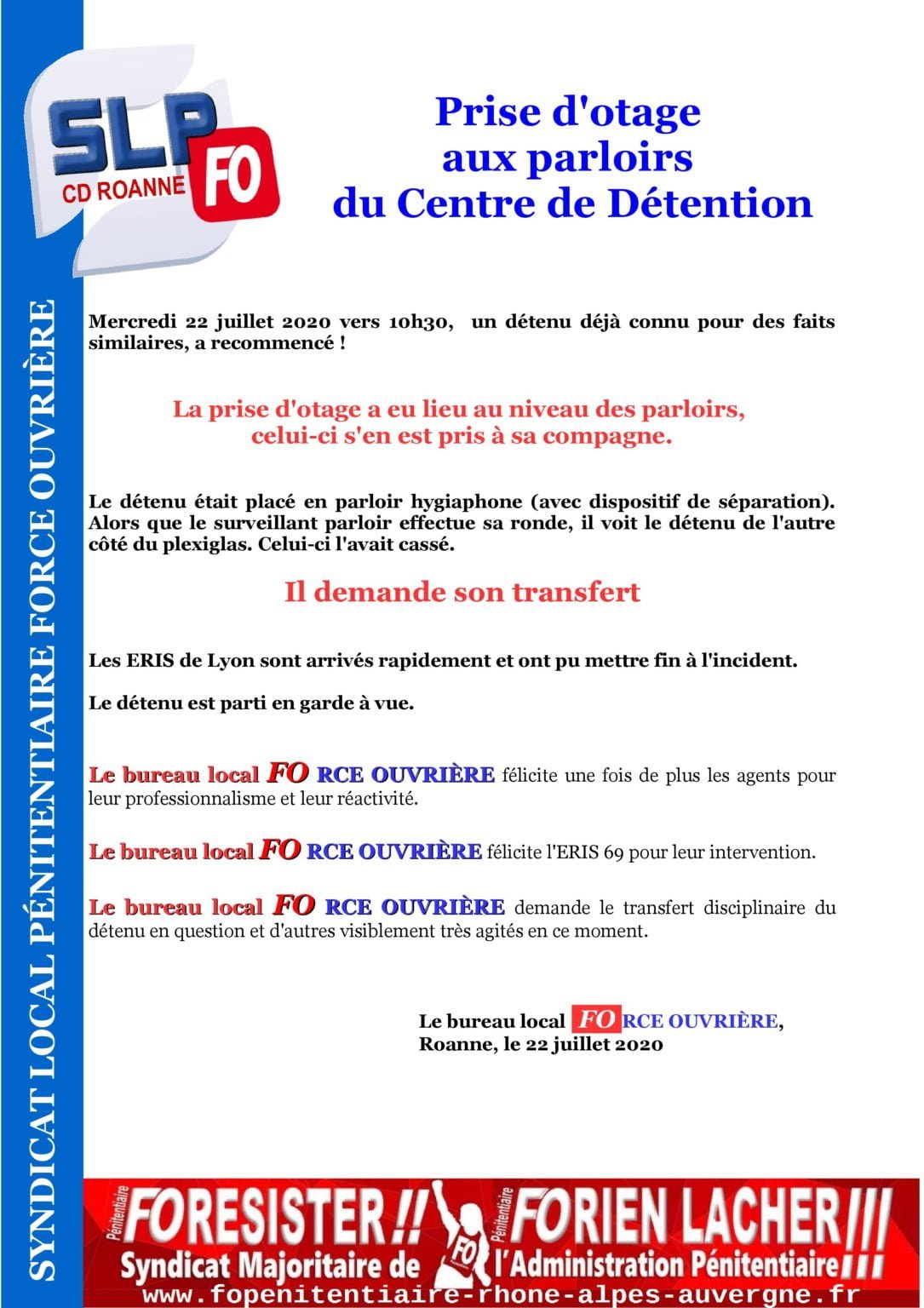 Prise d’otage au Centre de Détention de Roanne FO Justice Lyon
