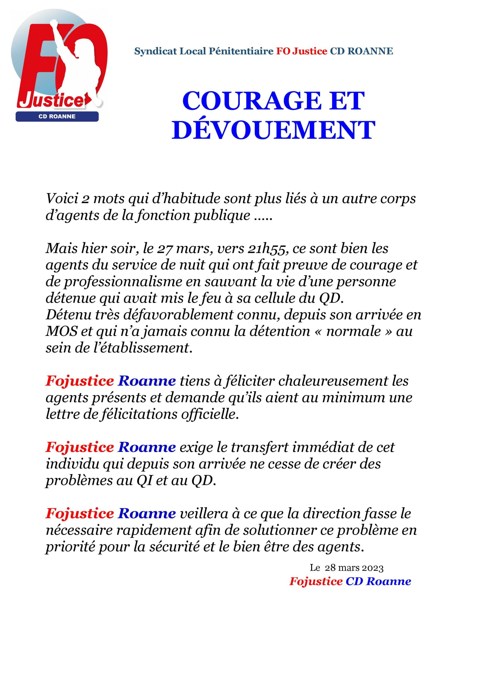 Lettre De Félicitation Pour Acte De Courage Et Dévouement Prison de Roanne : Courage et dévouement – FO Justice Lyon